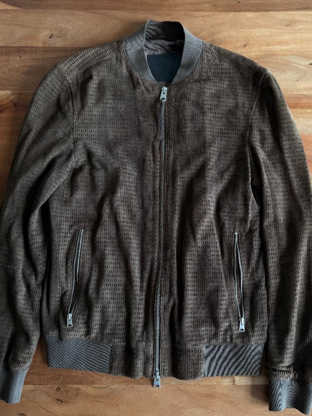 AllSaints Perforated Suede Bomber Jacket Brown XS
